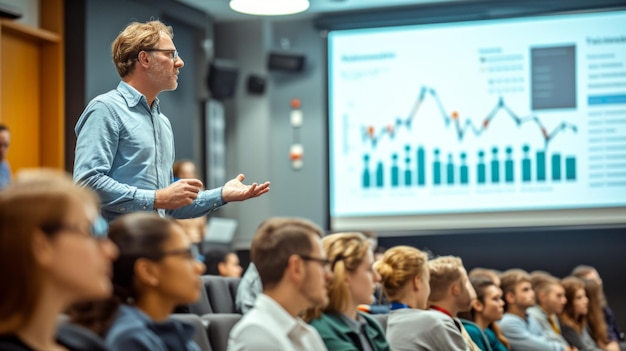 Ein Professor hält einen Vortrag vor einer Gruppe von Studenten in einem College-Klassenzimmer