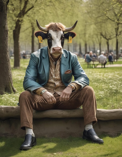 ein propomorphischer Stiermann in einem Anzug sitzt im Frühling auf einer Bank im Park