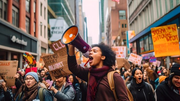 Ein Protestmarsch für soziale Gerechtigkeit, gefüllt mit verschiedenen Personen, die Schilder und Banner halten, die sich für Gleichheit und Veränderung einsetzen.