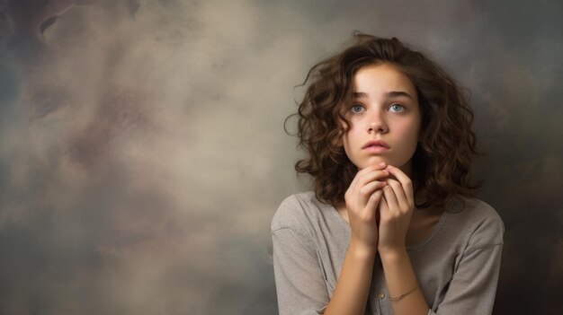 Foto ein protrait von teenager, der sich im hintergrund des studios wundert oder zweifelt