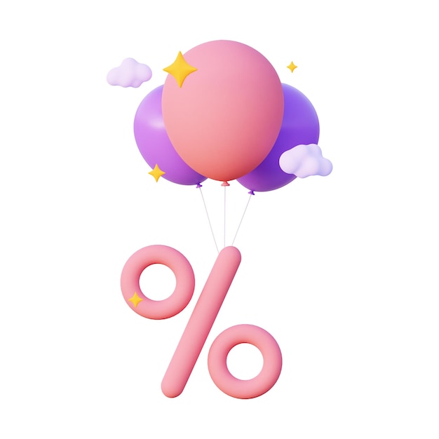 Ein Prozentzeichen mit drei fliegenden Luftballons und Wolken Illustration im Cartoon-Stil 3D-Rendering isoliert auf weißem Hintergrund