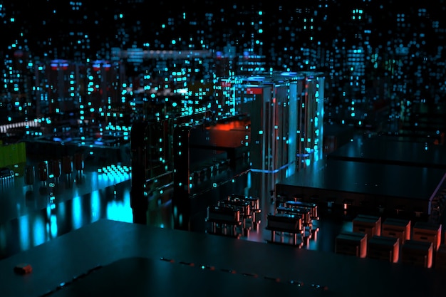 Ein Prozessorchip auf einer Hauptplatine ist eine Leiterplatte mit Mikrochips, Prozessoren und anderen Computerteilen in der Abstraktion der Stadt der Zukunft.