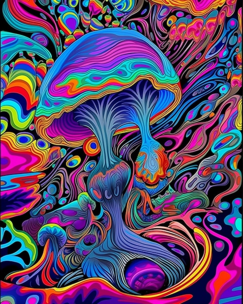 Ein psychedelisches Poster eines Pilzes in den Farben des Regenbogens.