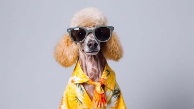 Ein Pudel, der ein Hawaiihemd und eine Sonnenbrille trägt