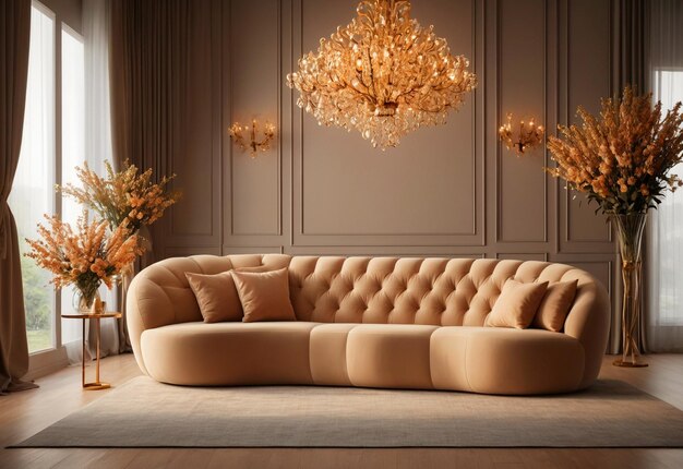 Ein puffiges, gekrümmtes Sofa in einem geräumigen Zimmer mit Kronleuchter vor dem Sofa und einer Blumenvase