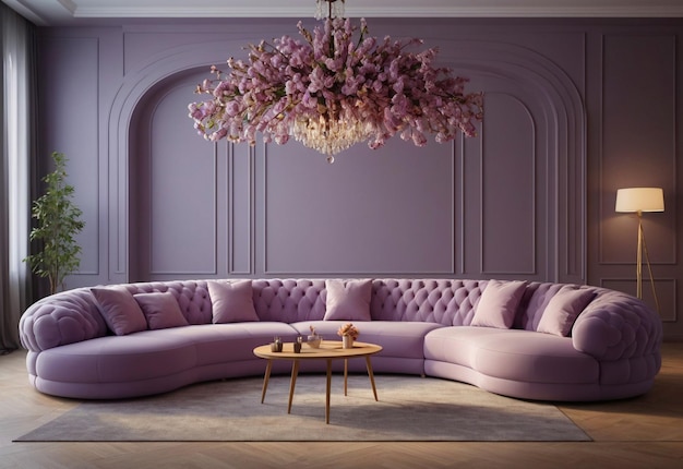 Ein puffiges, gekrümmtes Sofa in einem geräumigen Zimmer mit Kronleuchter vor dem Sofa und einer Blumenvase