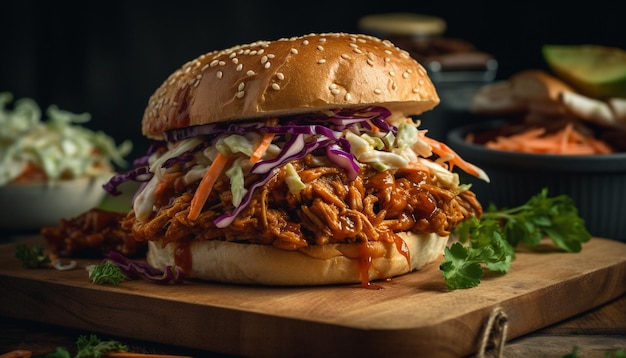 Ein Pulled-Pork-Sandwich mit Krautsalat auf einem Holzbrett