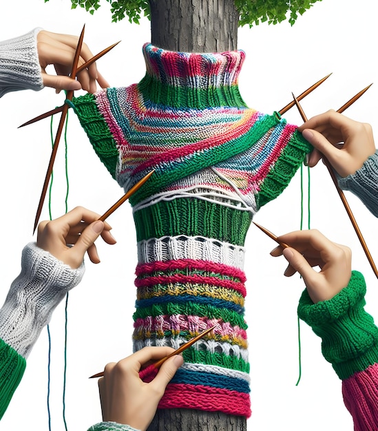 Foto ein pullover für einen baum stricken, große nadeln und dickes garn benutzen, ein eigentümlicher akt, sich an einen baum zu gewöhnen.