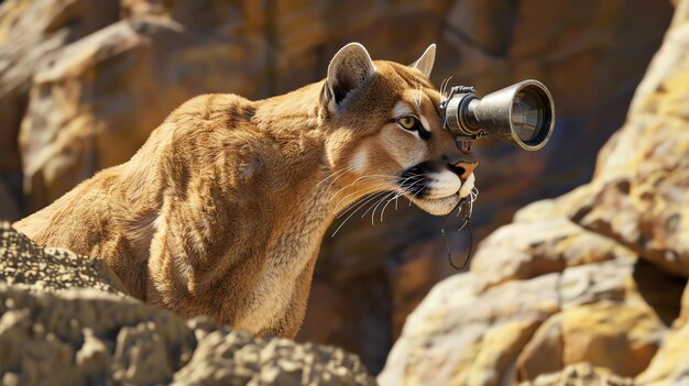 Foto ein puma blickt durch ein teleskop auf das land darunter