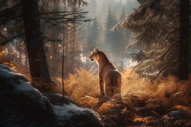 Ein Puma in einem Wald mit verschneitem Hintergrund