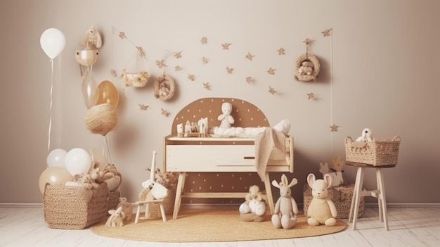 Ein Puppenhaus mit einem Holzbett und einem Holzregal mit einem weißen Kaninchen darauf.