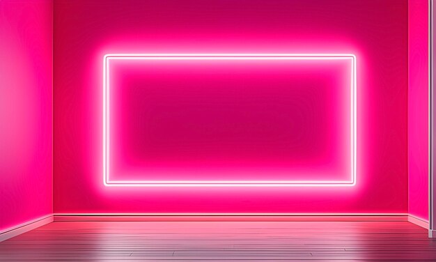 Ein quadratischer Neon-Lichtrahmen in einem leeren Innenraum mit pinker Wand