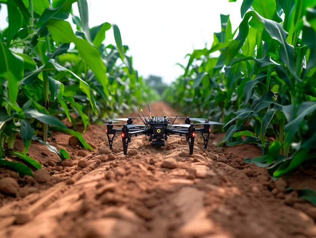 Ein Quadrocopter auf einem Maisfeld scannt generative Ai