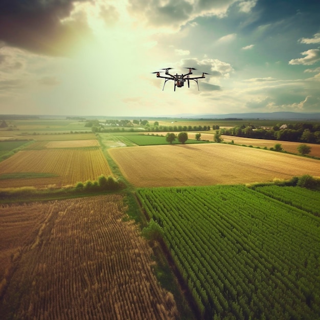 Ein Quadrocopter fliegt über die Felder. Mit KI erstelltes Bild. Ferninspektion der Ernte