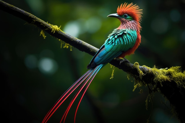 Foto ein quetzal, ein farbenfroher vogel mit langen schwanzfedern in seinem üppigen und lebendigen waldgebiet