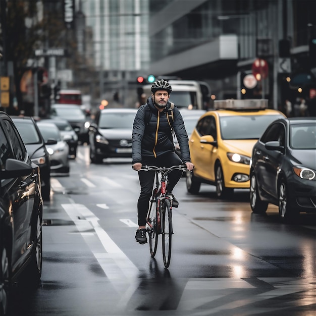 Ein Radfahrer auf einer belebten zentralen Straße in einer Stadt während der Hauptverkehrszeit mit Autos in der Nähe