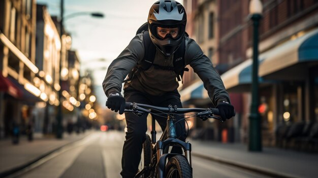 Foto ein radfahrer fährt mit seinem fahrrad eine stadtstraße entlang