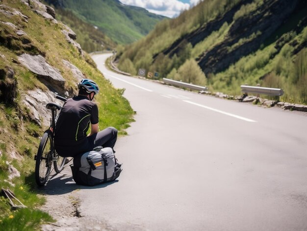Foto ein radfahrer macht eine pause auf einer malerischen bergstraße
