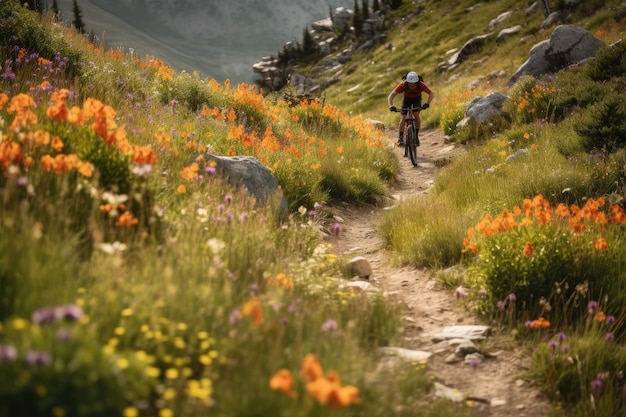 Ein Radfahrer rast einen Bergweg hinunter