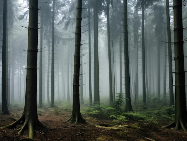 Ein rätselhafter, nebliger Waldbild bei Tagesanbruch