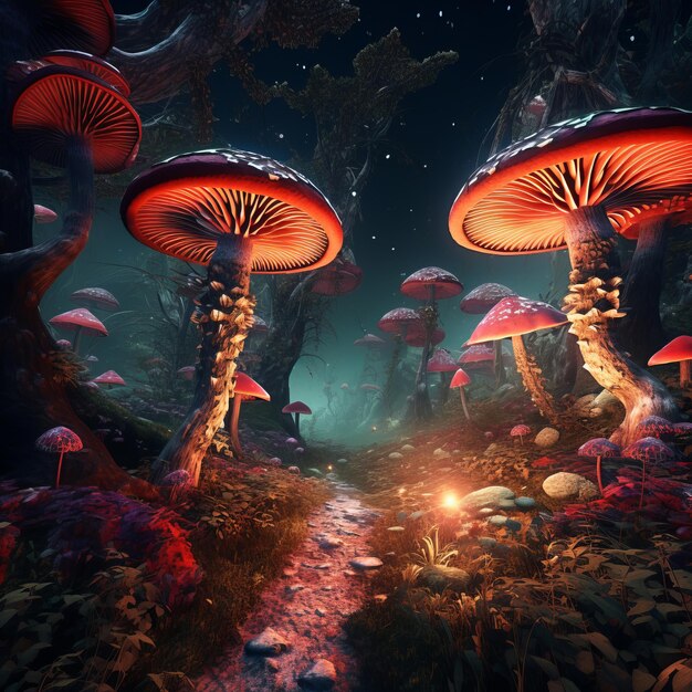 Ein rätselhafter Zauber Erkundung eines psychedelischen Waldes mit hohen Pilzen in atemberaubender 8K Rea