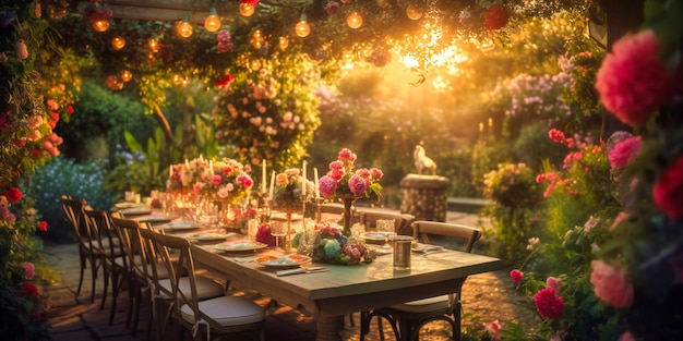 Ein raffinierter, opulenter Essbereich im Freien vor einem malerischen Garten für eine bezaubernde Soiree