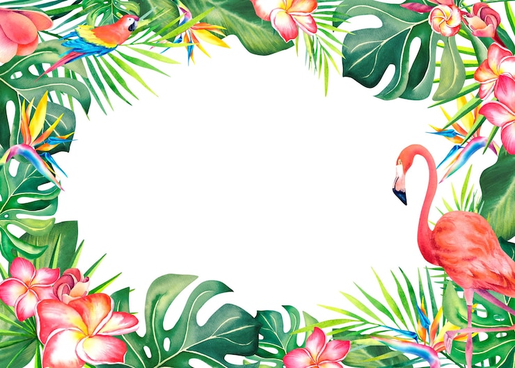 Foto ein rahmen aus palmblättern plumeria strelitzia und flamingos tropische pflanzen karneval in brasilien sommer stimmung aquarell illustration banner