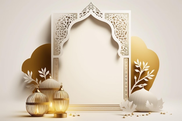 Ein Rahmen mit arabischen islamischen Dekorationen und einer goldenen Laterne.