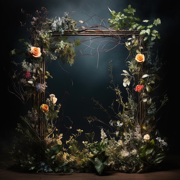 ein Rahmen mit Blumen und Pflanzen und ein Bild einer Pflanze mit einem Licht dahinter.