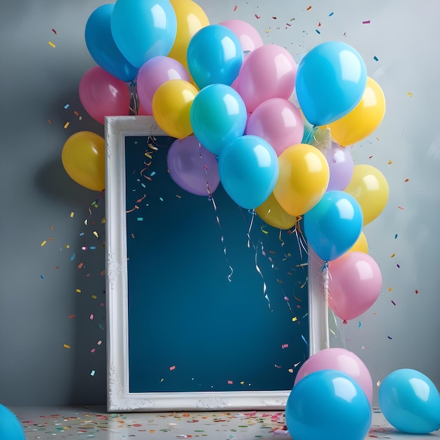 Foto ein rahmen mit bunten ballons und konfetti