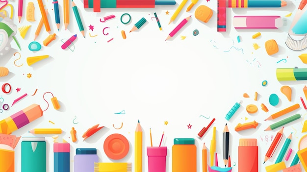 Ein Rahmen mit bunten Bleistiften und anderen Schulgegenständen mit Platz zurück zum Schulhintergrund