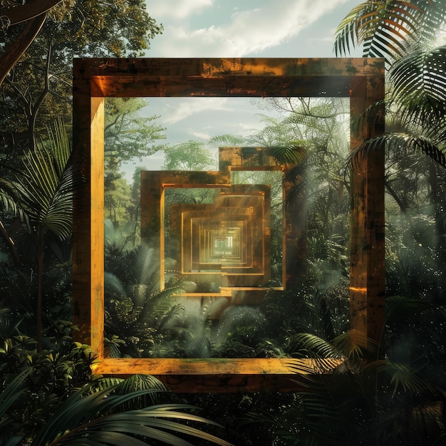 ein Rahmen mit einem Bild eines Fensters in der Mitte des Dschungels