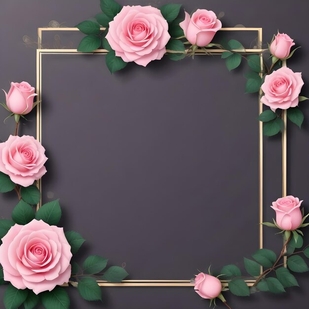 Foto ein rahmen mit rosa rosen und grünen blättern und einem rosa hintergrund