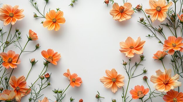 Ein Rand mit orangefarbenen Blumen auf weißem Hintergrund mit einem großen Raum für Text oder Produkt und Platz darin Generative KI