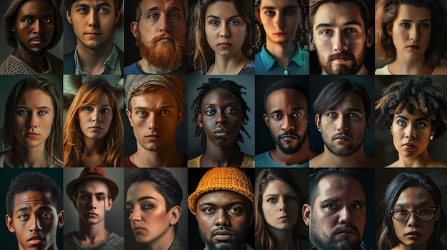 Foto ein raster mit 15 verschiedenen gesichtern. die menschen sind alle unterschiedlicher ethnie und alter.