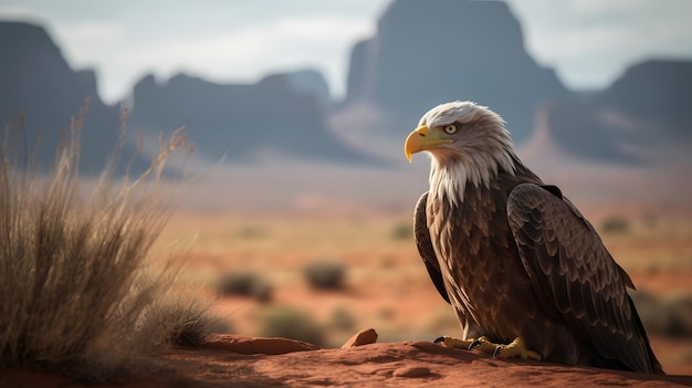 Ein Raubvogel sitzt auf einer Wüstenlandschaft.