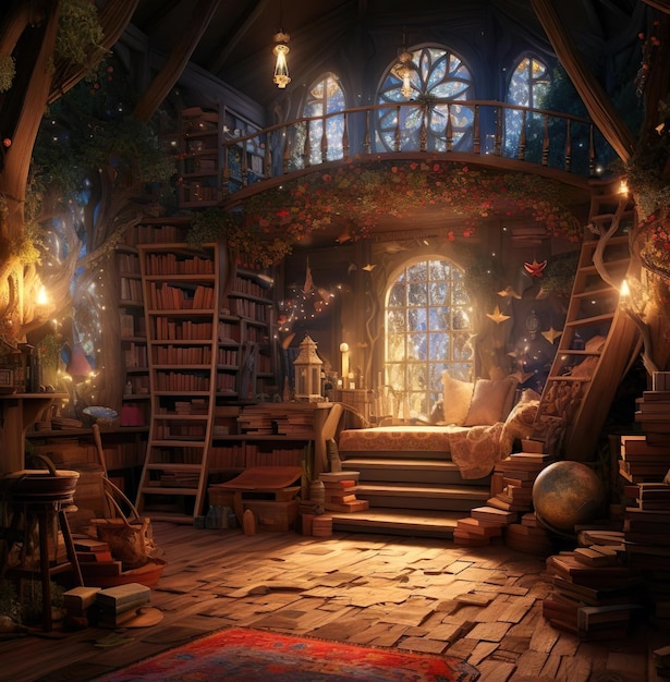 Ein Raum im Inneren eines Baumes und einer Buch- und anderen Möbelillustration