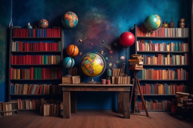 Ein Raum mit Büchern und Planeten an der Wand