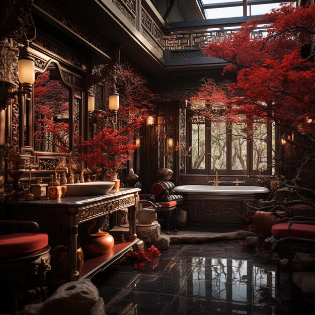 ein Raum mit einem Brunnen und einem Baum mit roten Blättern an der Spitze