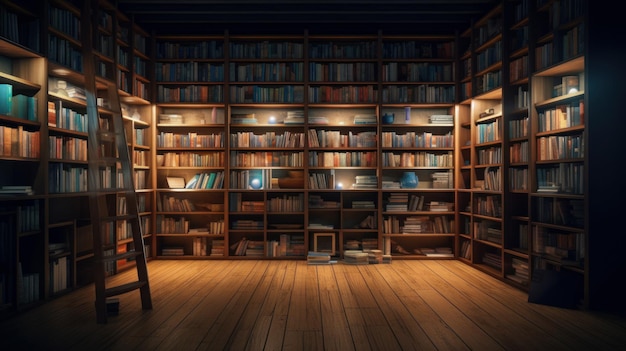 Ein Raum mit einem Bücherregal und einer Lampe mit der Aufschrift „Bibliothek“