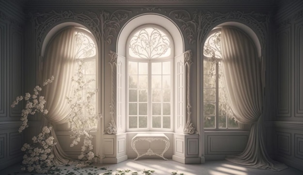 Ein Raum mit einem Fenster und einem Blumenarrangement.