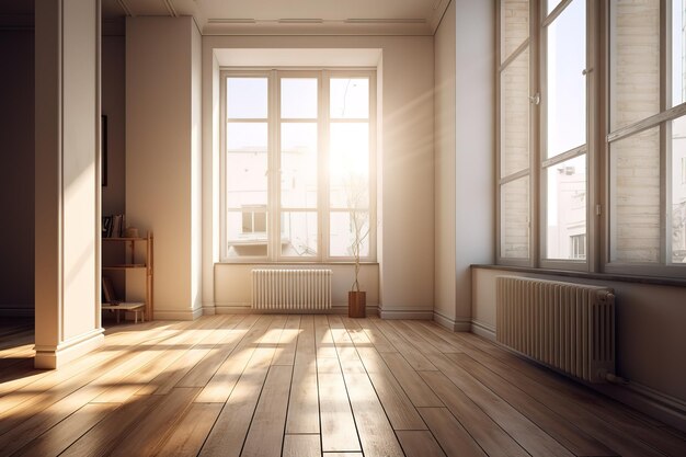 Ein Raum mit einem Fenster und einem Holzboden, durch den die Sonne scheint.