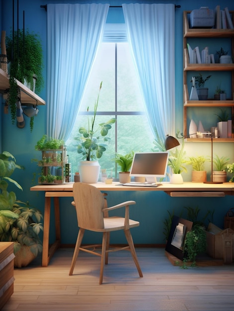 Ein Raum mit einem Fenster und einem Laptop auf einem Schreibtisch