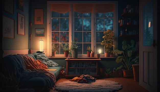 Ein Raum mit einem Fenster und Pflanzen darauf