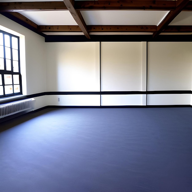Ein Raum mit einem großen blauen Boden und einem Fenster mit der Aufschrift „das Wort“ darauf.