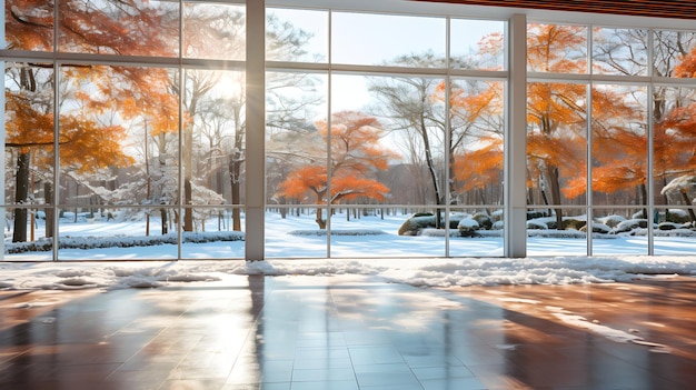 ein Raum mit einem großen Fenster und Blick auf eine verschneite Landschaft. Fensterblick aus dem Schulfenster