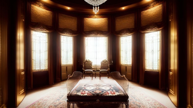 Ein Raum mit einem großen Fenster und einem Tisch mit einer Couch und einem Tisch mit einem Teppich darauf.
