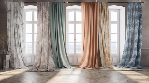 Ein Raum mit einem großen Fenster und einer Reihe von Vorhängen in verschiedenen Farben.