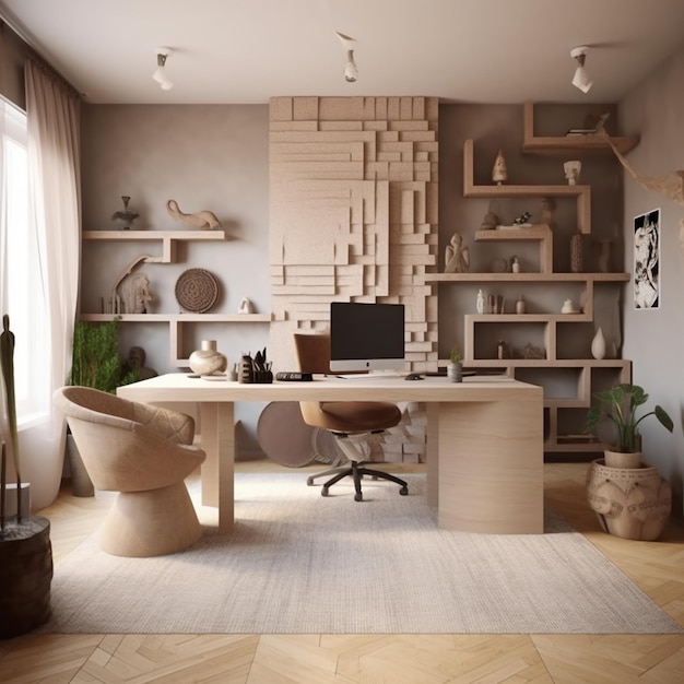 Ein Raum mit einem Holzschreibtisch und einem Stuhl mit der Aufschrift „Home Office“