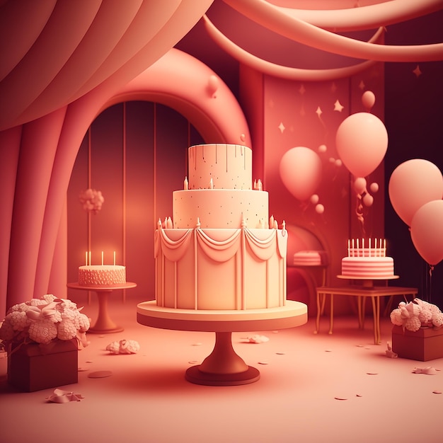 Ein Raum mit einem Kuchen und einem Tisch mit Luftballons darauf.